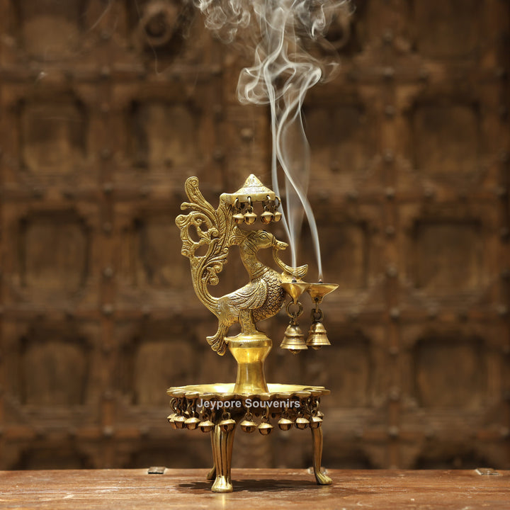 Handcrafted Brass Peacock (Mayil Vilakku) Oil Lamp with Hanging Bells