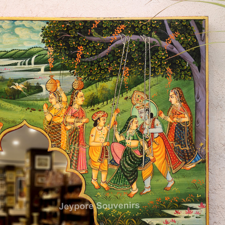Radha Krishna Pichwai Wooden Decorative Wall Mirror Frame