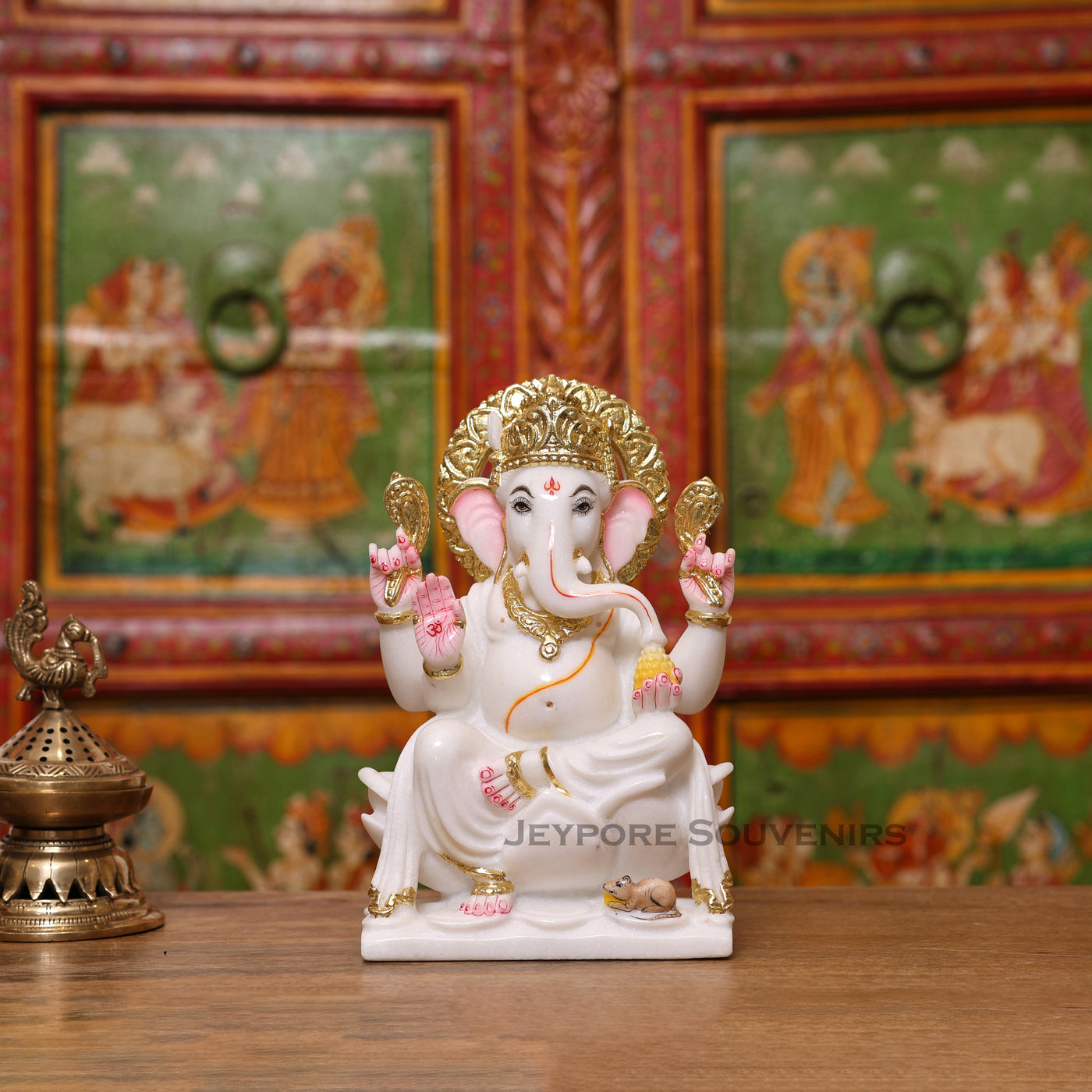 10" Pure White Marble Lord Ganesha Idol with Real Gold Leaf Crown