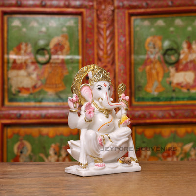10" Pure White Marble Lord Ganesha Idol with Real Gold Leaf Crown