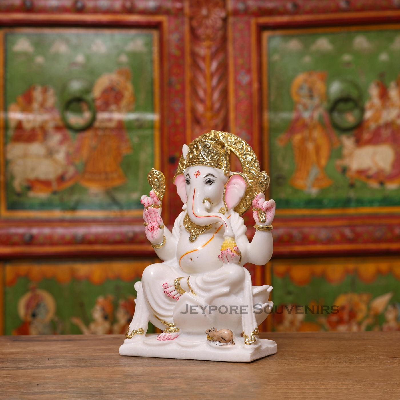 10" Pure White Marble Lord Ganesha Idol with Real Gold Leaf Crown