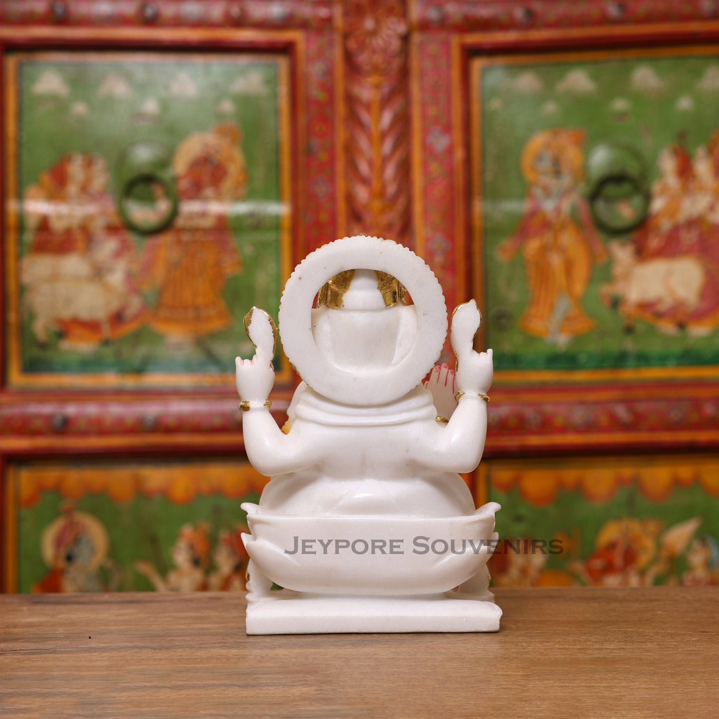 10" Pure White Marble Lord Ganesha Idol with Real Gold Leaf Crown