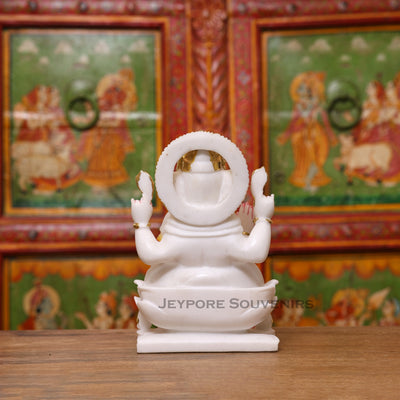 10" Pure White Marble Lord Ganesha Idol with Real Gold Leaf Crown