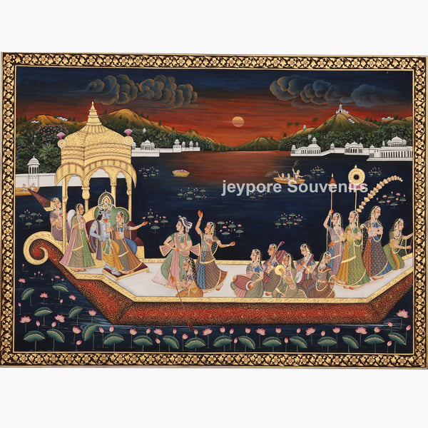 Krishna’s Ceremonial Boat Journey - Hand-Painted Pichwai