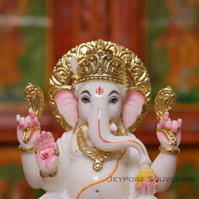 10" Pure White Marble Lord Ganesha Idol with Real Gold Leaf Crown