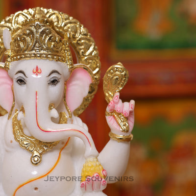 10" Pure White Marble Lord Ganesha Idol with Real Gold Leaf Crown