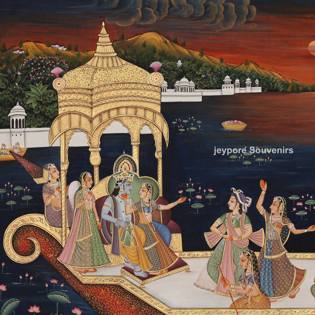 Krishna’s Ceremonial Boat Journey - Hand-Painted Pichwai
