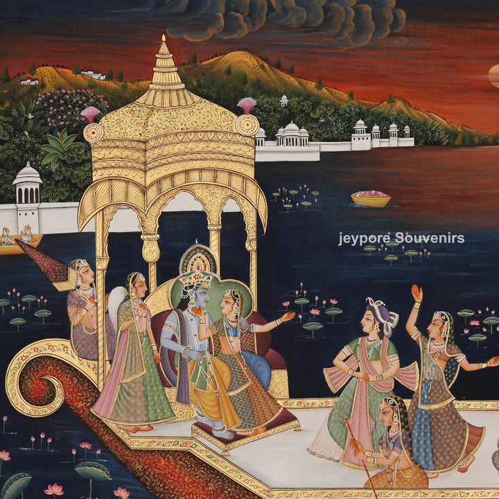 Krishna’s Ceremonial Boat Journey - Hand-Painted Pichwai