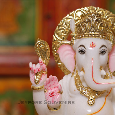 10" Pure White Marble Lord Ganesha Idol with Real Gold Leaf Crown