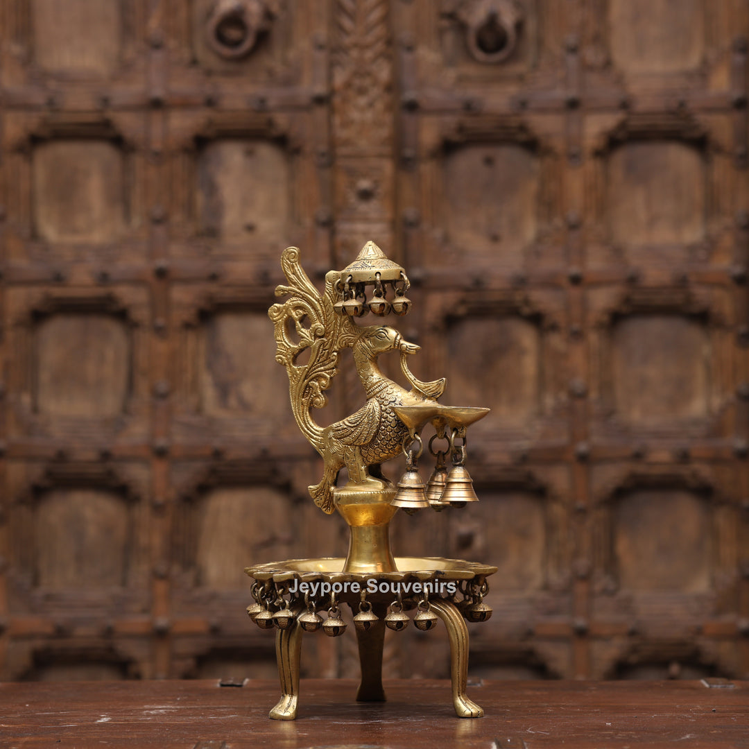 Handcrafted Brass Peacock (Mayil Vilakku) Oil Lamp with Hanging Bells
