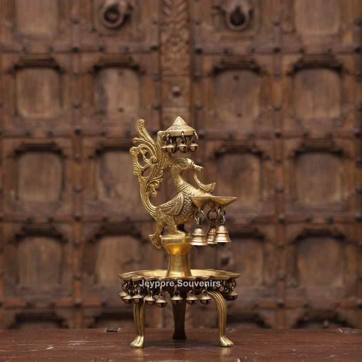 Handcrafted Brass Peacock (Mayil Vilakku) Oil Lamp with Hanging Bells