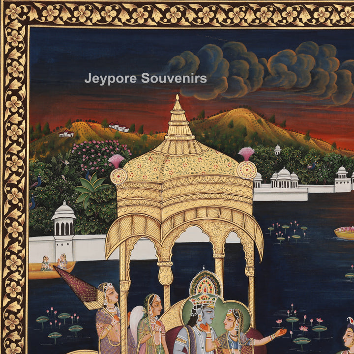 Krishna’s Ceremonial Boat Journey - Hand-Painted Pichwai