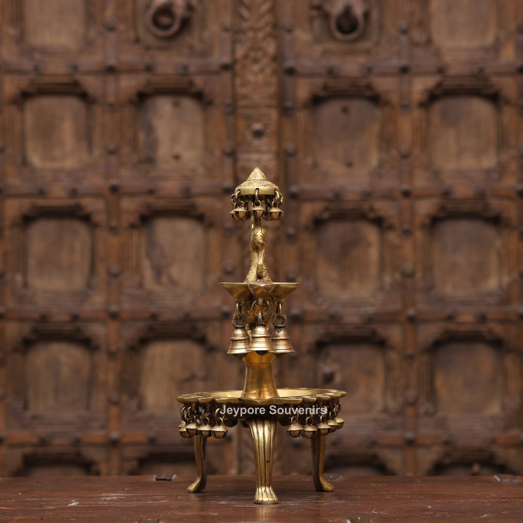 Handcrafted Brass Peacock (Mayil Vilakku) Oil Lamp with Hanging Bells