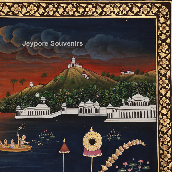 Krishna’s Ceremonial Boat Journey - Hand-Painted Pichwai