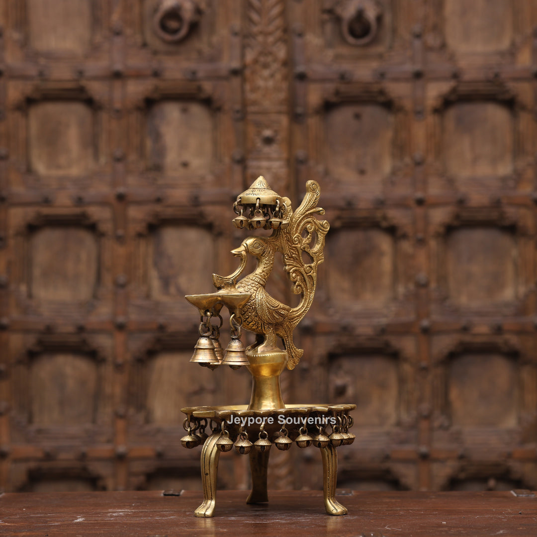 Handcrafted Brass Peacock (Mayil Vilakku) Oil Lamp with Hanging Bells
