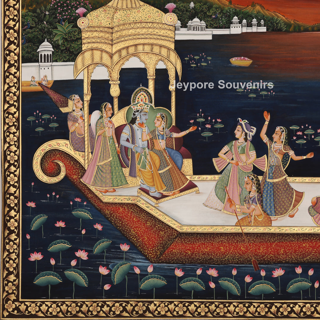 Krishna’s Ceremonial Boat Journey - Hand-Painted Pichwai