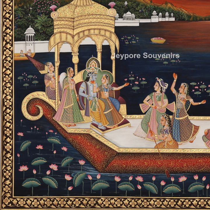Krishna’s Ceremonial Boat Journey - Hand-Painted Pichwai