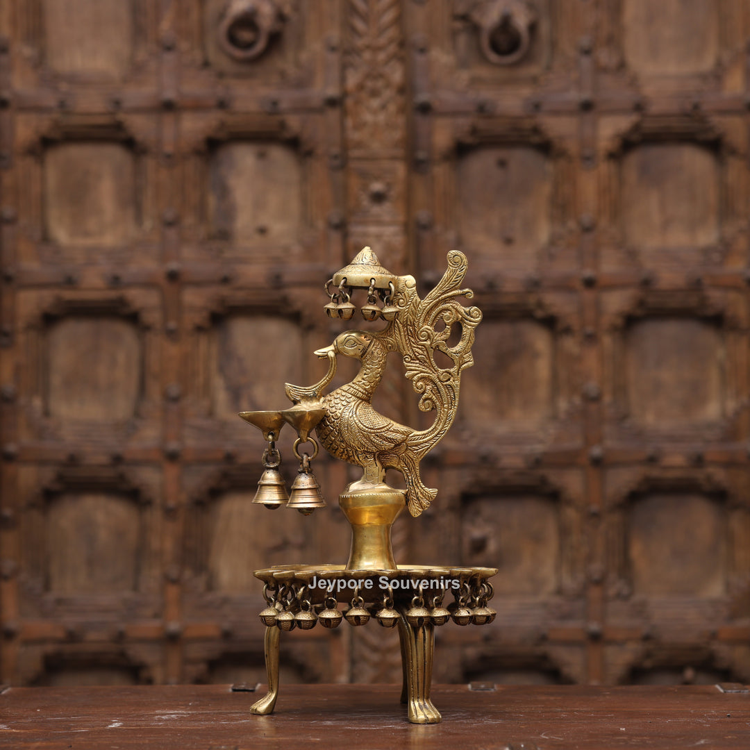 Handcrafted Brass Peacock (Mayil Vilakku) Oil Lamp with Hanging Bells