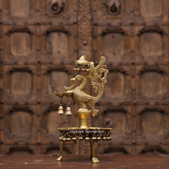 Handcrafted Brass Peacock (Mayil Vilakku) Oil Lamp with Hanging Bells