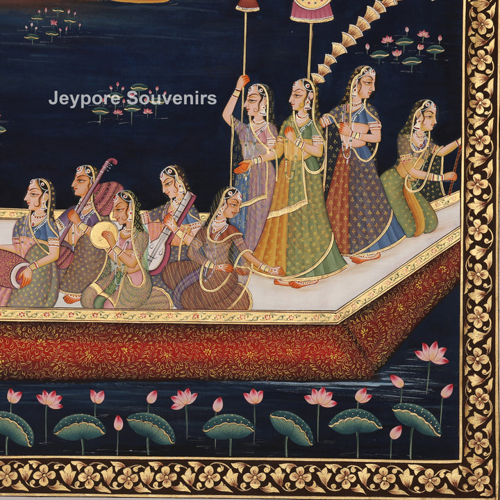 Krishna’s Ceremonial Boat Journey - Hand-Painted Pichwai