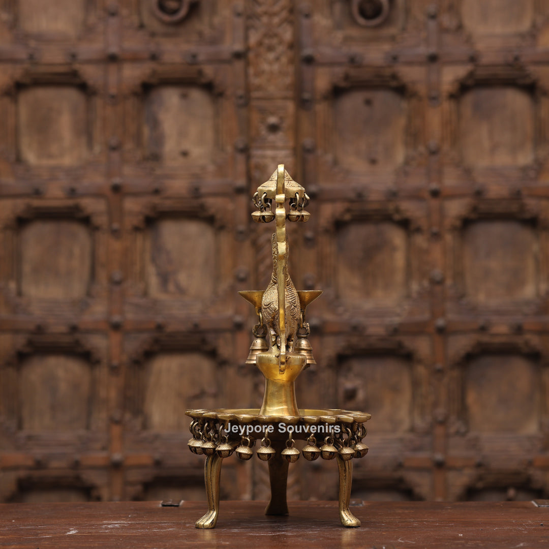 Handcrafted Brass Peacock (Mayil Vilakku) Oil Lamp with Hanging Bells