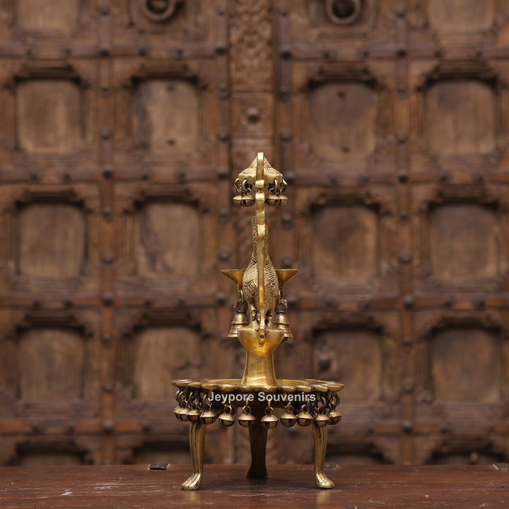 Handcrafted Brass Peacock (Mayil Vilakku) Oil Lamp with Hanging Bells