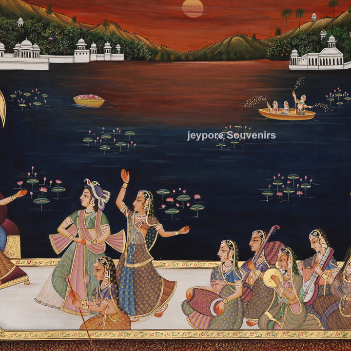 Krishna’s Ceremonial Boat Journey - Hand-Painted Pichwai