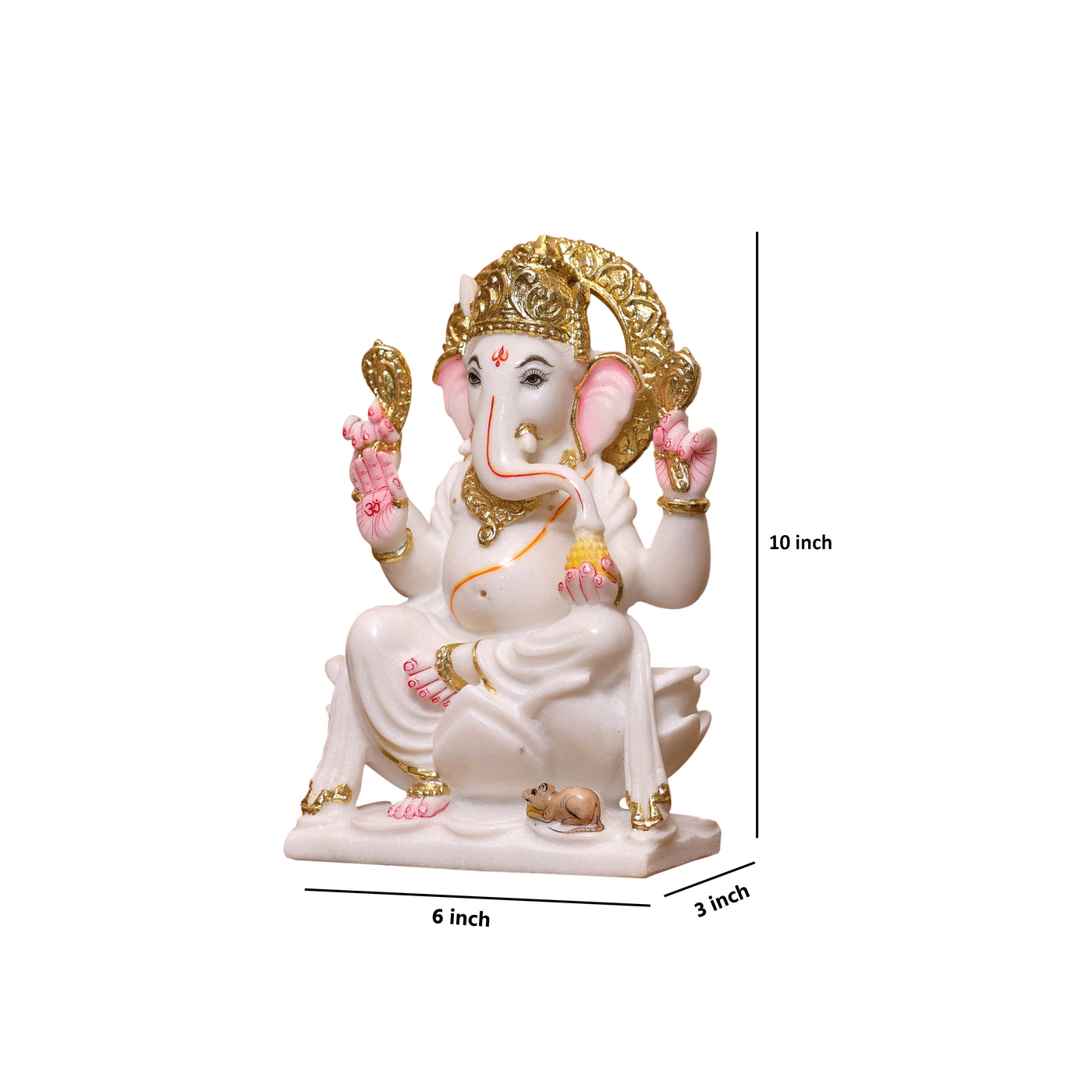 10" Pure White Marble Lord Ganesha Idol with Real Gold Leaf Crown