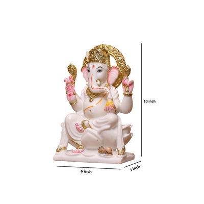10" Pure White Marble Lord Ganesha Idol with Real Gold Leaf Crown