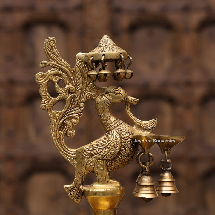 Handcrafted Brass Peacock (Mayil Vilakku) Oil Lamp with Hanging Bells