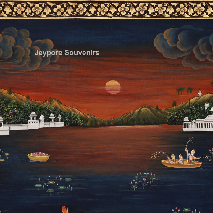 Krishna’s Ceremonial Boat Journey - Hand-Painted Pichwai