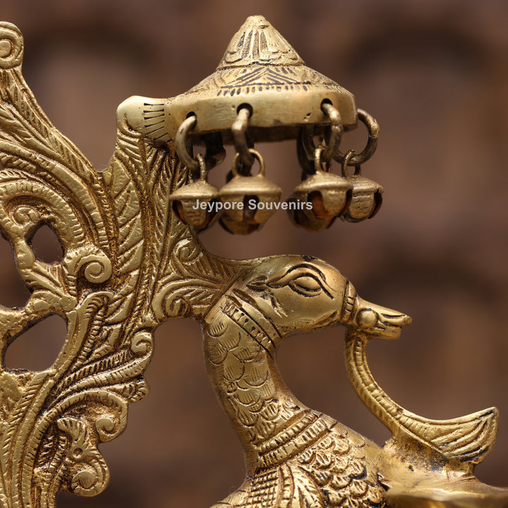 Handcrafted Brass Peacock (Mayil Vilakku) Oil Lamp with Hanging Bells