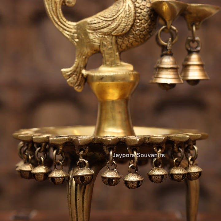 Handcrafted Brass Peacock (Mayil Vilakku) Oil Lamp with Hanging Bells