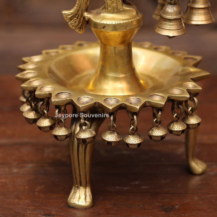 Handcrafted Brass Peacock (Mayil Vilakku) Oil Lamp with Hanging Bells