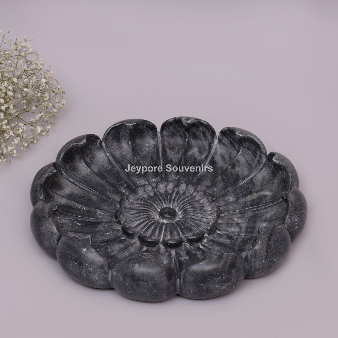 Handcrafted Black Marble Lotus Urli Bowl With Sculpted Petal Design