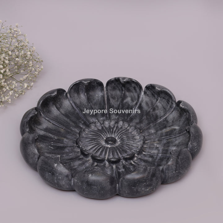 Handcrafted Black Marble Lotus Urli Bowl With Sculpted Petal Design