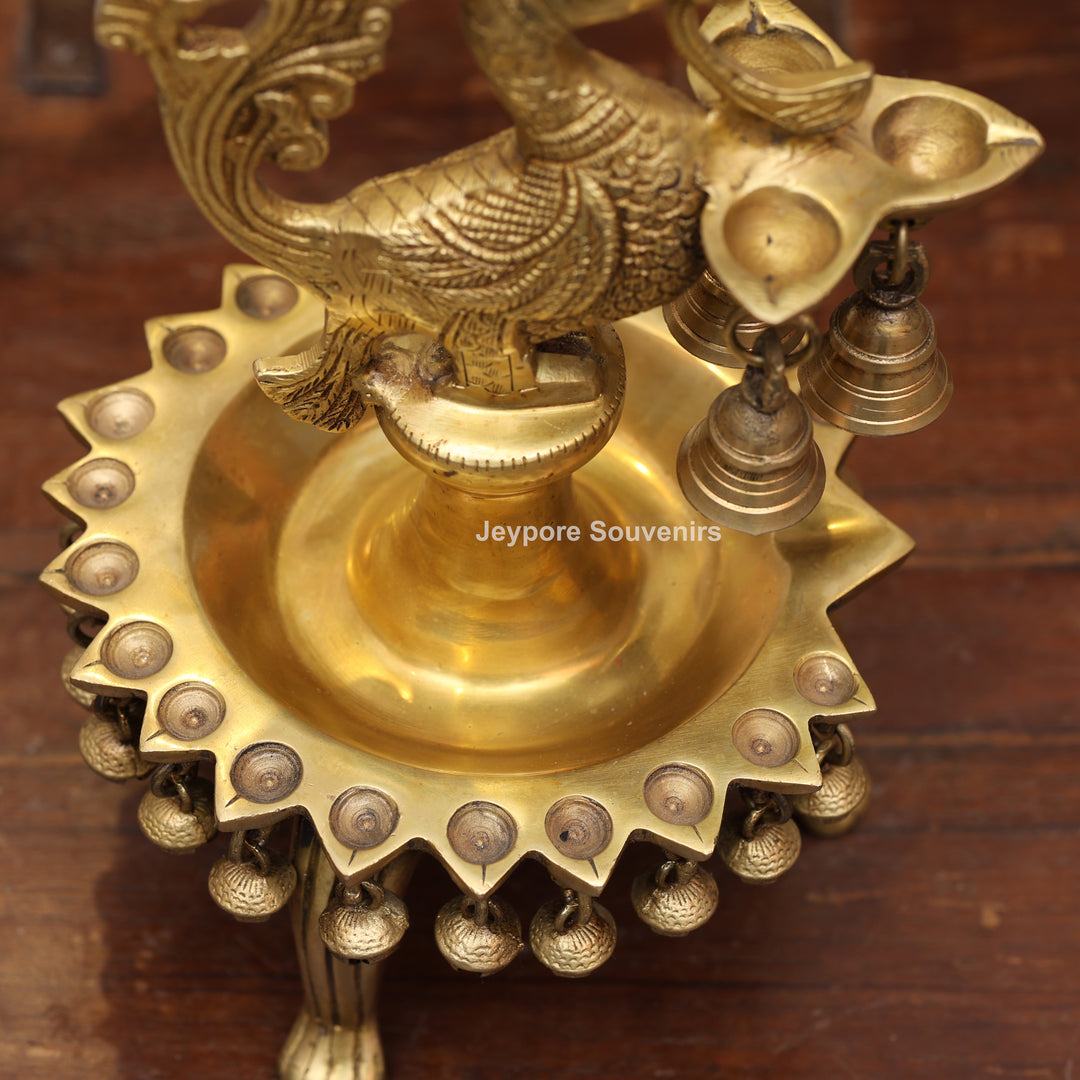 Handcrafted Brass Peacock (Mayil Vilakku) Oil Lamp with Hanging Bells