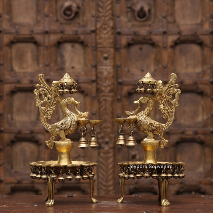 Handcrafted Brass Peacock (Mayil Vilakku) Oil Lamp with Hanging Bells