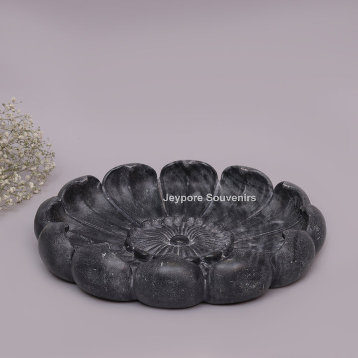 Handcrafted Black Marble Lotus Urli Bowl With Sculpted Petal Design
