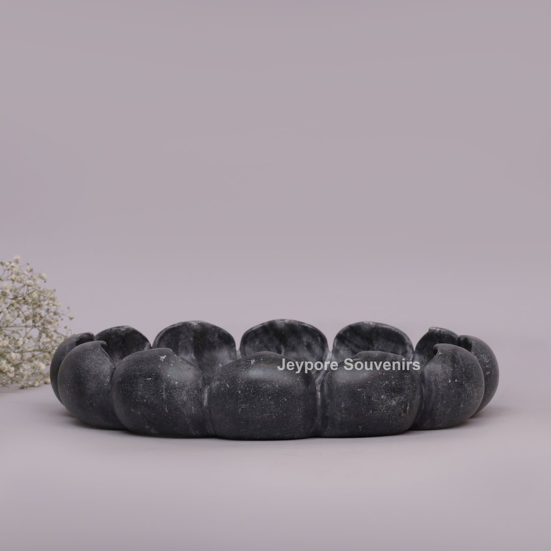 Handcrafted Black Marble Lotus Urli Bowl With Sculpted Petal Design