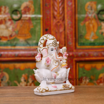 8" Pure White Marble Handmade Ganesha Statue for Home Temple & Office