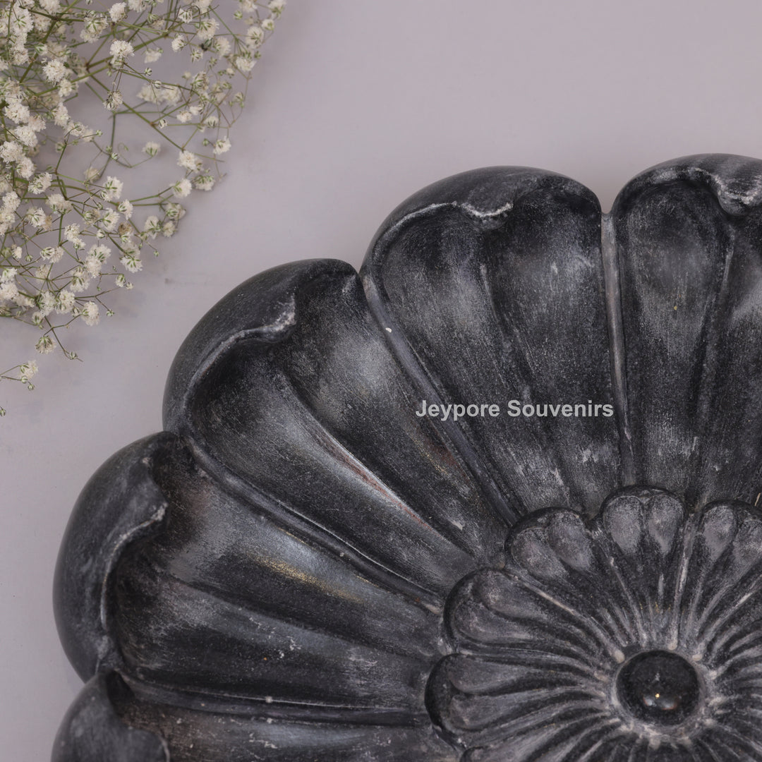 Handcrafted Black Marble Lotus Urli Bowl With Sculpted Petal Design