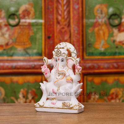 8" Pure White Marble Handmade Ganesha Statue for Home Temple & Office