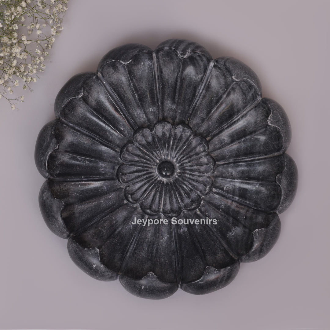 Handcrafted Black Marble Lotus Urli Bowl With Sculpted Petal Design
