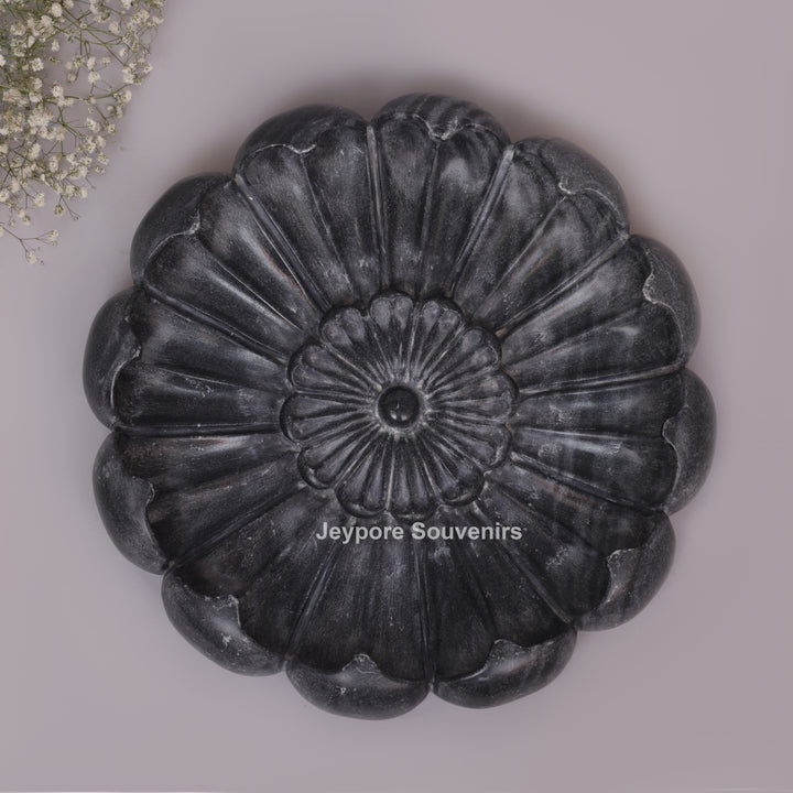 Handcrafted Black Marble Lotus Urli Bowl With Sculpted Petal Design