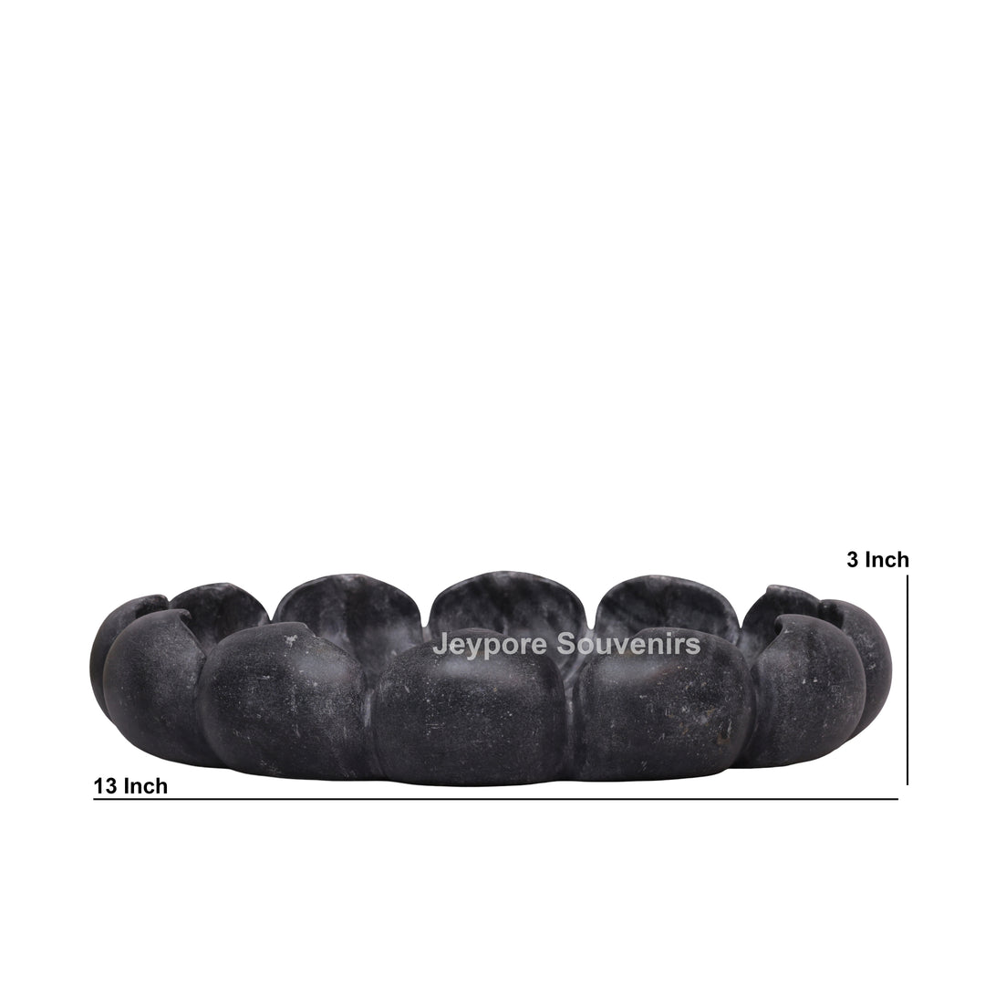 Handcrafted Black Marble Lotus Urli Bowl With Sculpted Petal Design