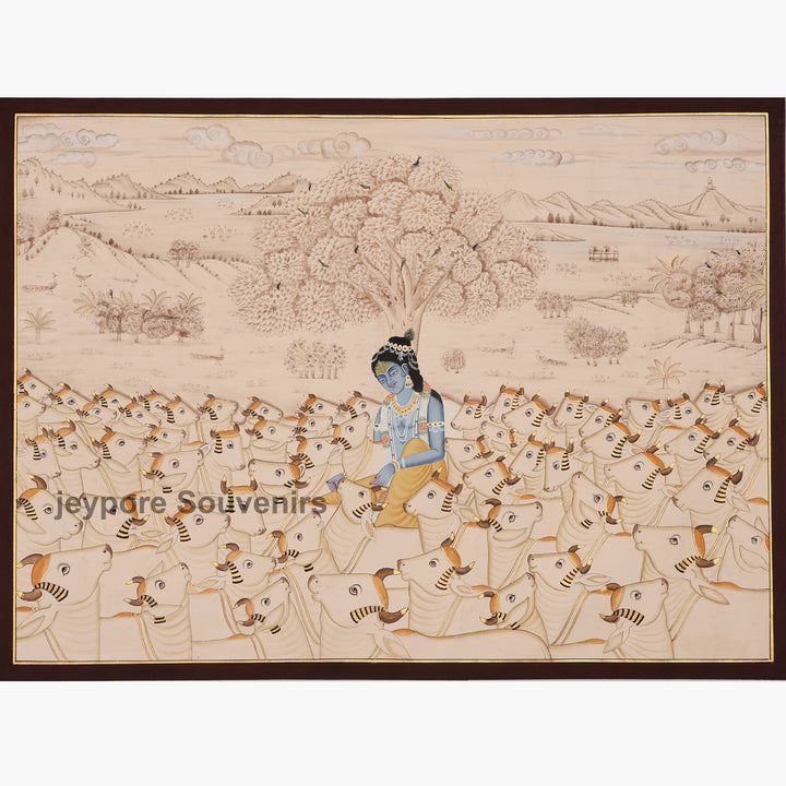 Hand-Painted Krishna Among Devoted Cows - Pichwai