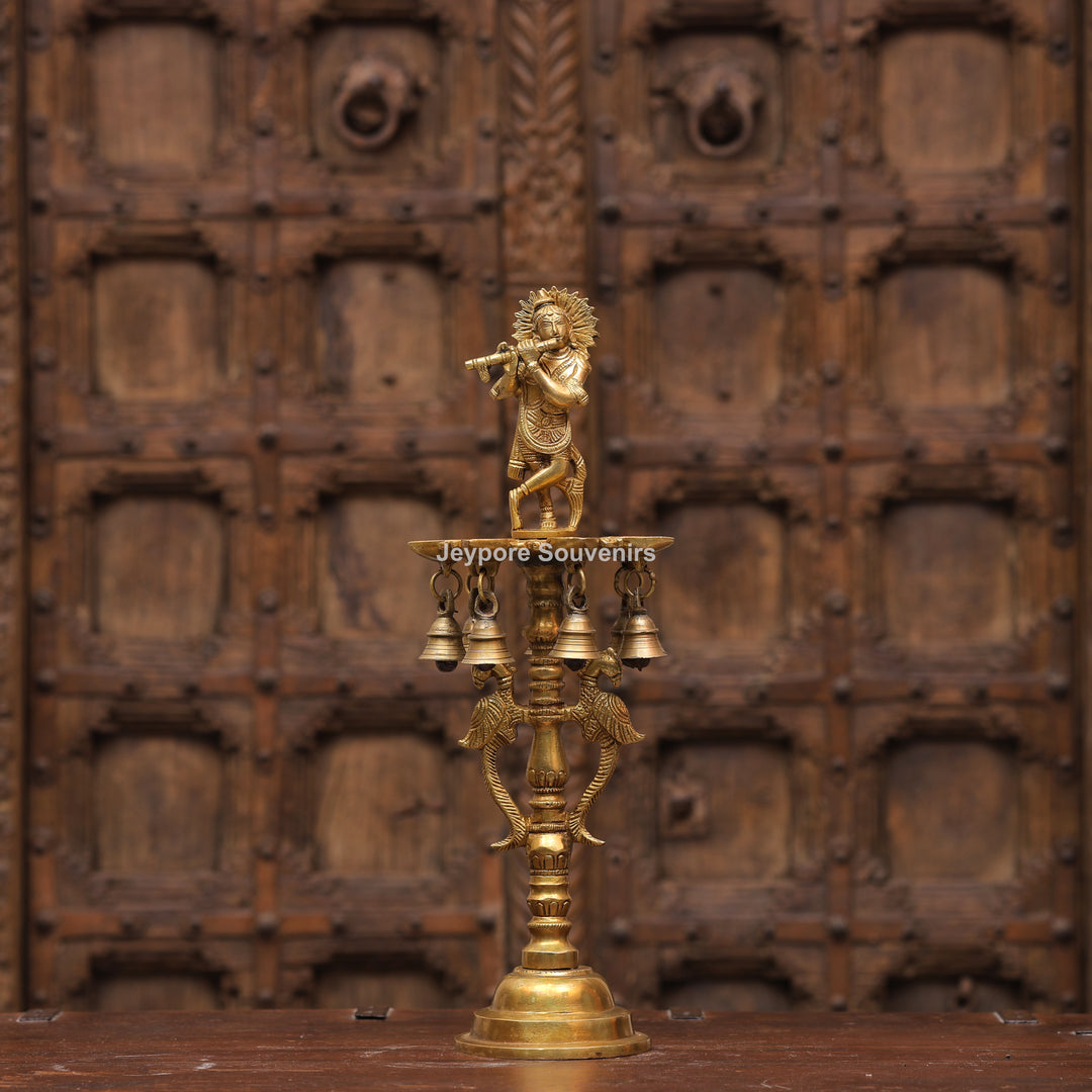 Handcrafted Brass Krishna Flute Oil Lamp with Hanging Bells
