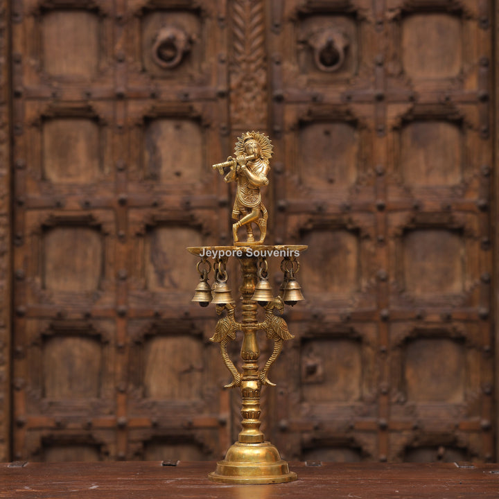 Handcrafted Brass Krishna Flute Oil Lamp with Hanging Bells
