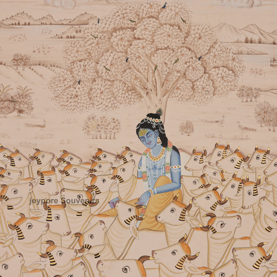 Hand-Painted Krishna Among Devoted Cows - Pichwai